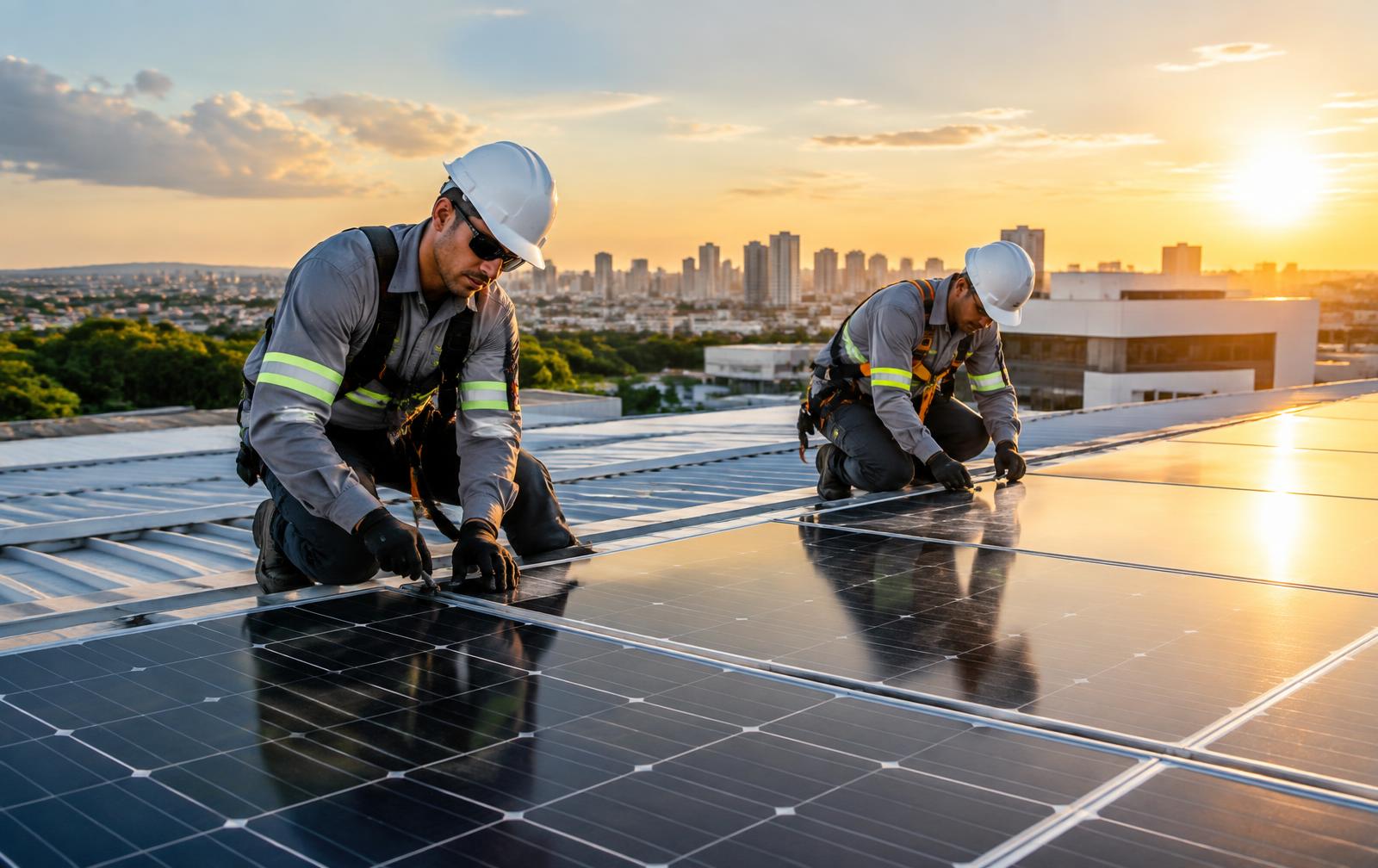Profissionais instalando painéis solares